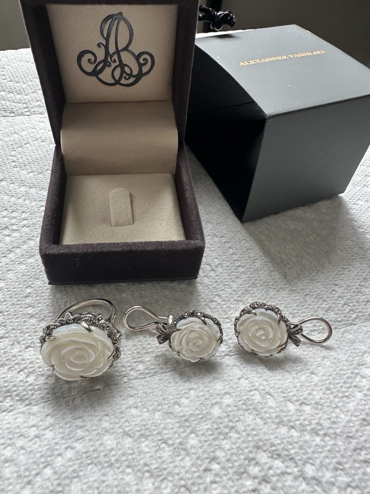 Alexander Vasiliev 925 Silver Earrings & Ring Set with Swarovski Marcasites