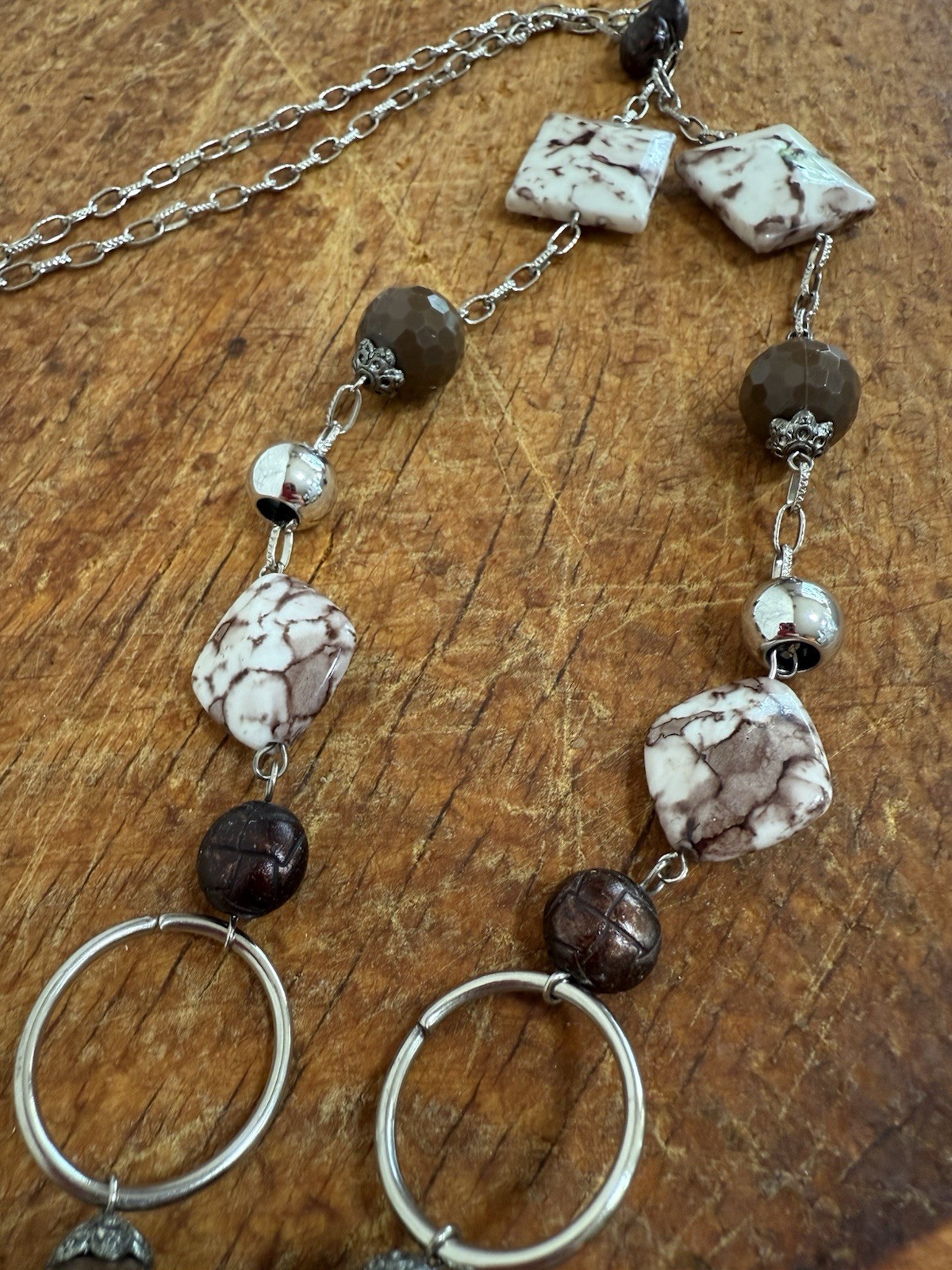 Silver Tone Boho Beaded Lariat Necklace Square Tassel Pendant Adjustable