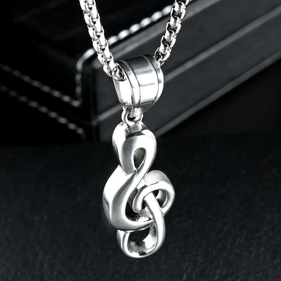 Silver Music Note G Treble Clef Pendant Necklace with Chain 24″ Mens Womens