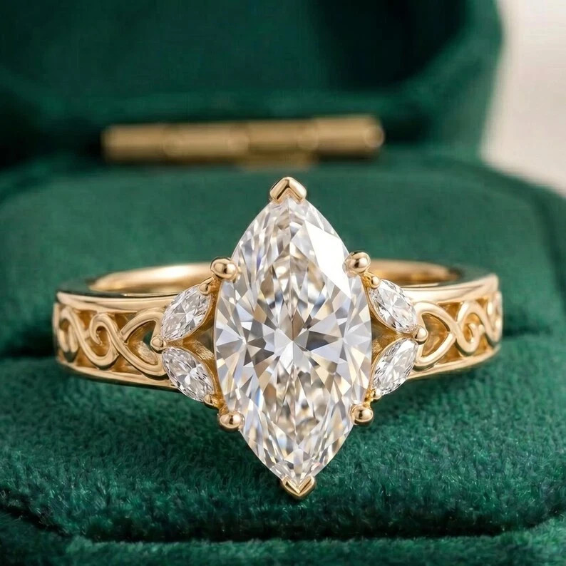 IGI 4.20Ct Marquise F-VS1 Lab Grown Diamond Women Wedding Ring 14k Yellow Gold