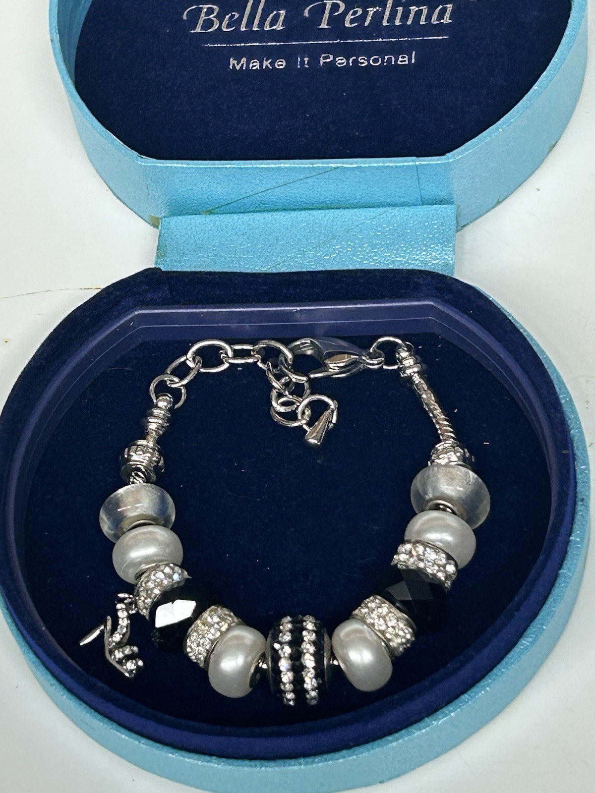 Bella Perlina Charm Bracelet with Black & White Beads and Rhinestone Accents