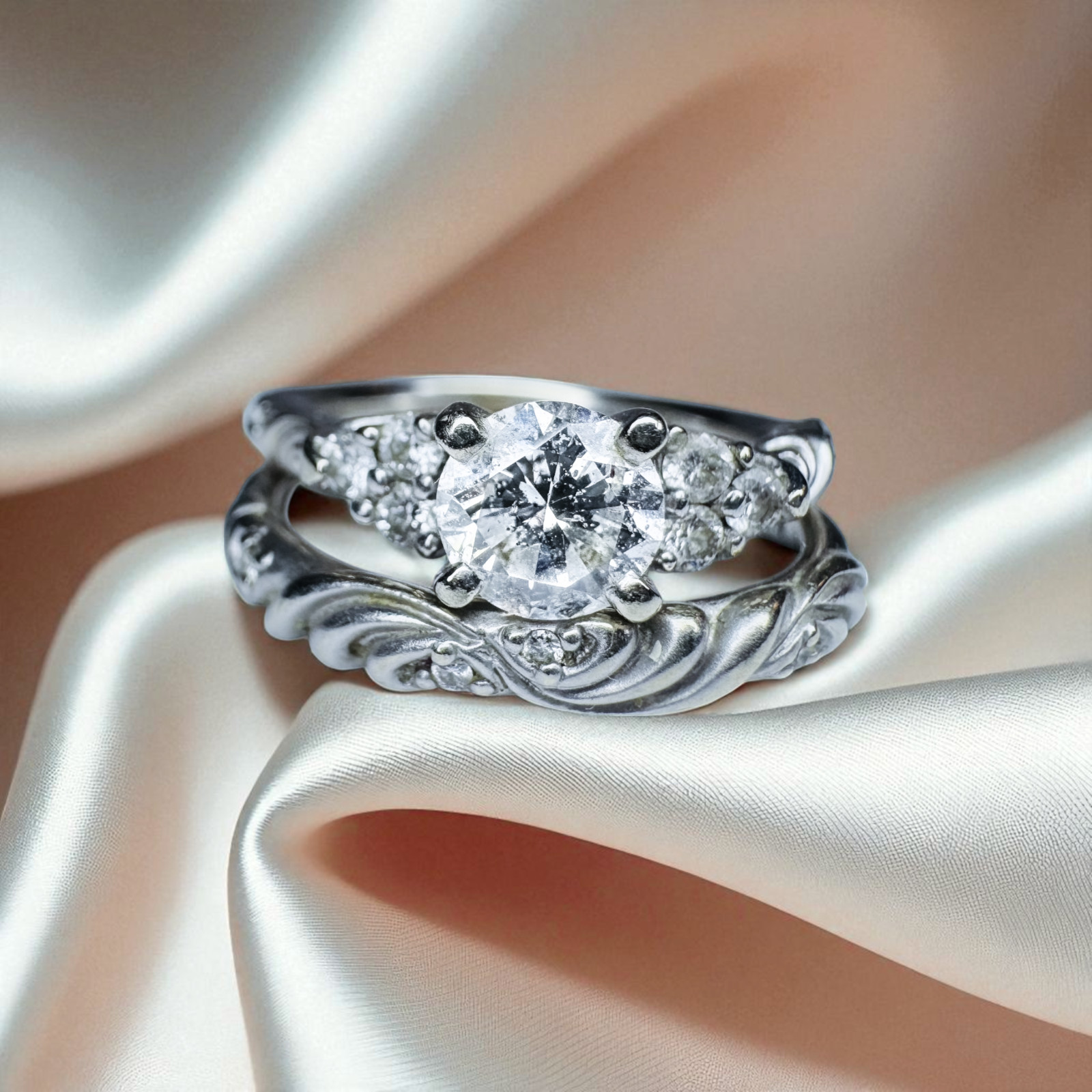 14K White Gold 1CT Diamond Ring Wedding Set $5375 Floral “Gossimer” by ARTCARVED