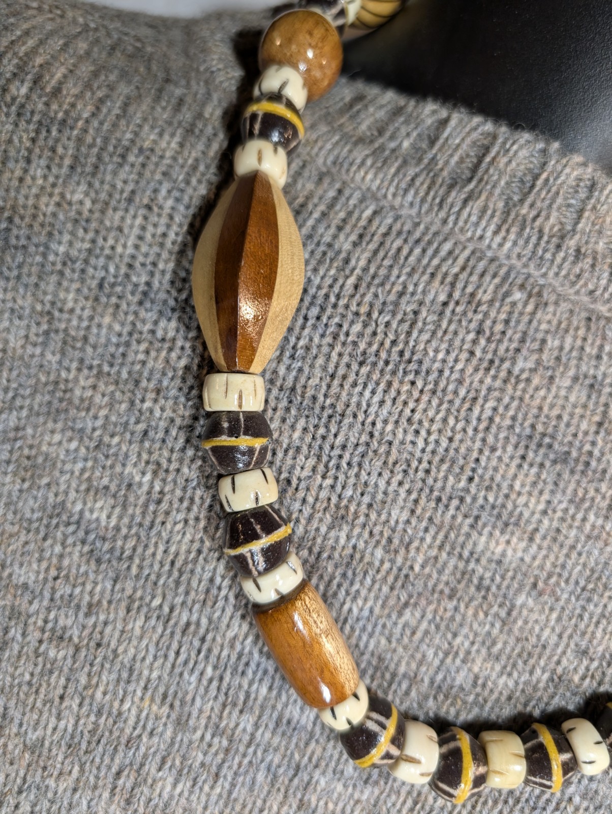 Tribal Wood Bead Necklace, African Krobo Bicone, Bone, Men’s 23in, Earth Tones
