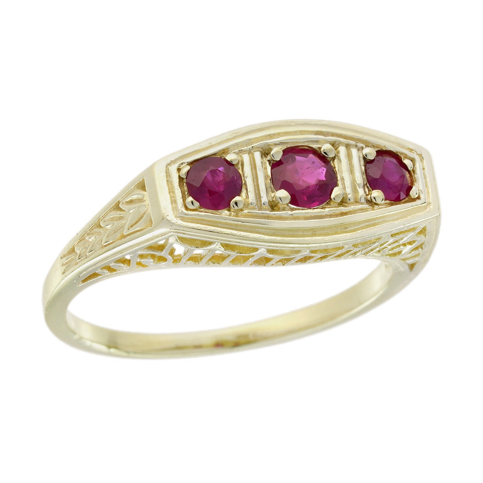 14K Yellow Gold Solid Natural Ruby Vintage Style Three Stone Filigree Ring