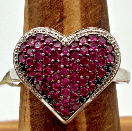 Sterling Silver 925 Ring Size 7.75 Pave Heart Dark Pink Stones Halo 3.7g
