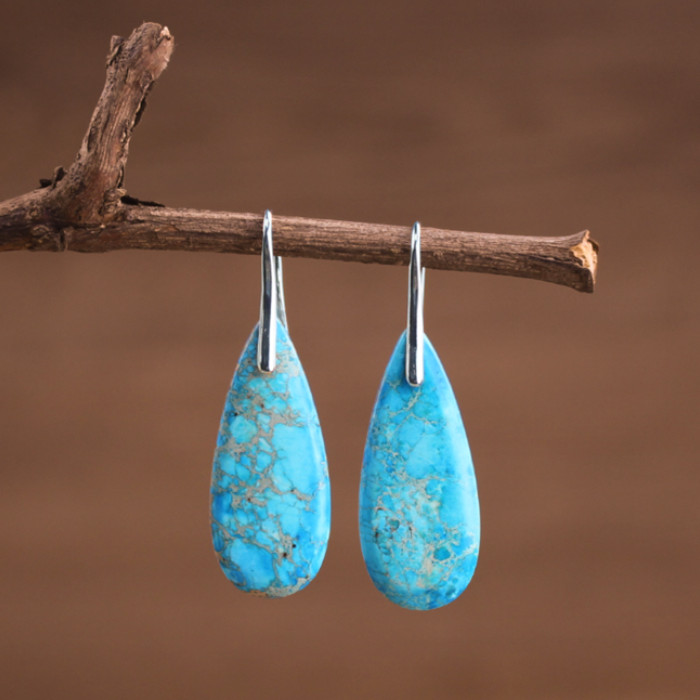 Natural Turquoise Stone Teardrop Dangle Earrings Blue Gemstone Hook Earrings