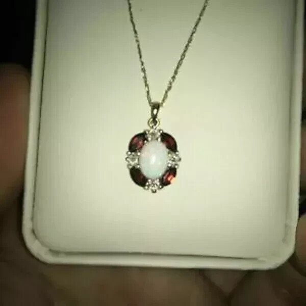1.50Ct Oval Cut Fire Opal & Garnet Halo Pendant 14K Yellow Gold Over Free Chain