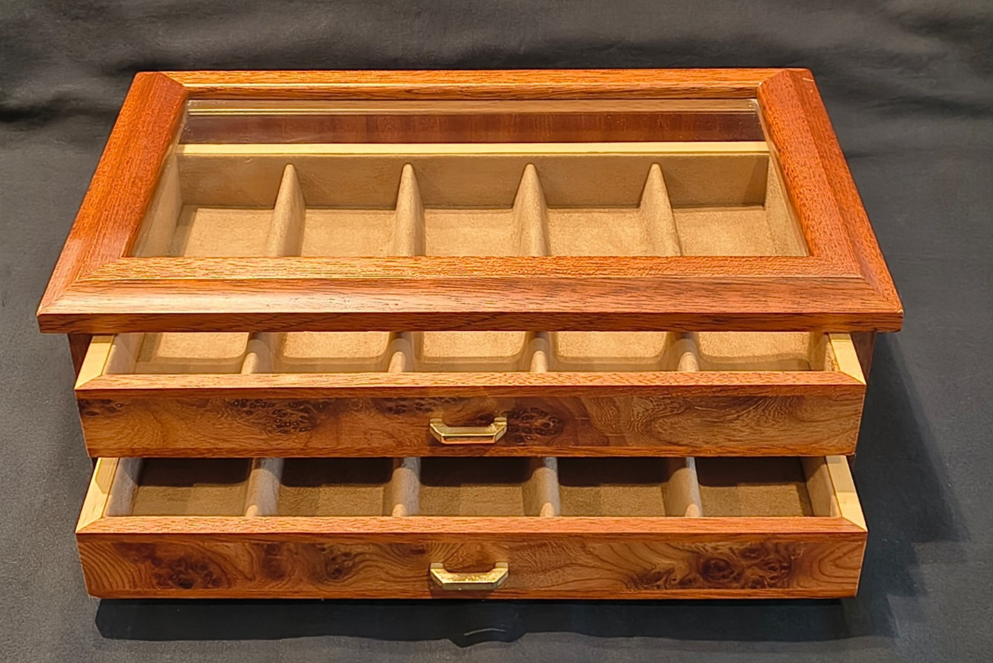 AGRESTI Italian Briarwood Burl-Wood 2 Drawer Premium Watch Box w/ Glass Top
