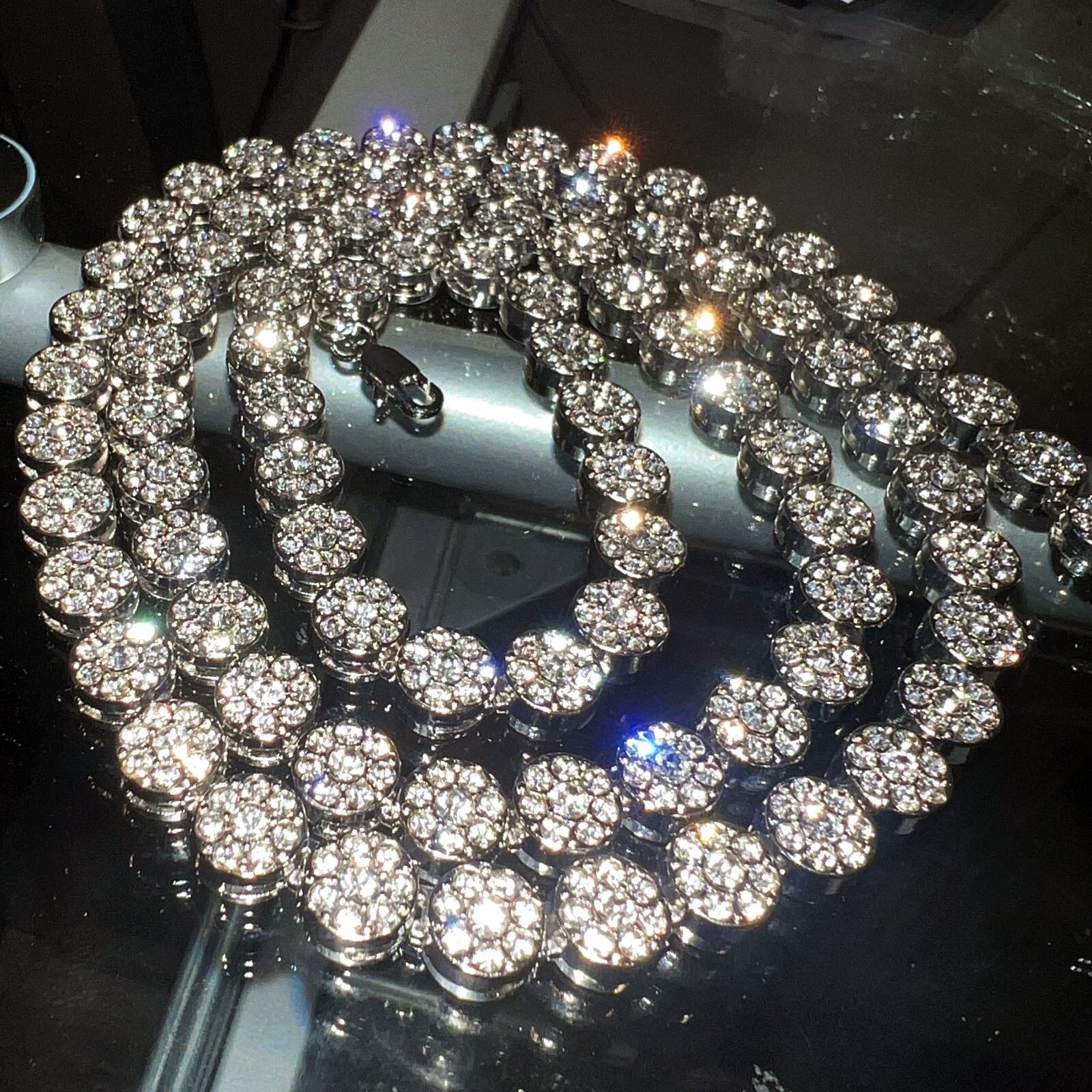 Men’s Flower Cluster Chain Simulated CZ Iced Flooded Out One Row Silver Tone 36″