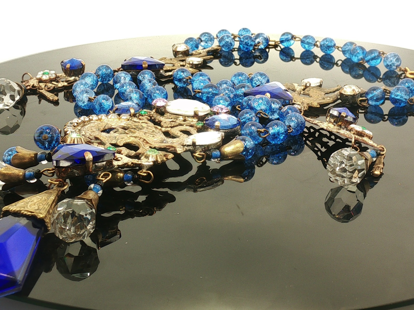 Vintage Czech Glass Necklace Blue Beads Multi Strand Dragon Motif Statement