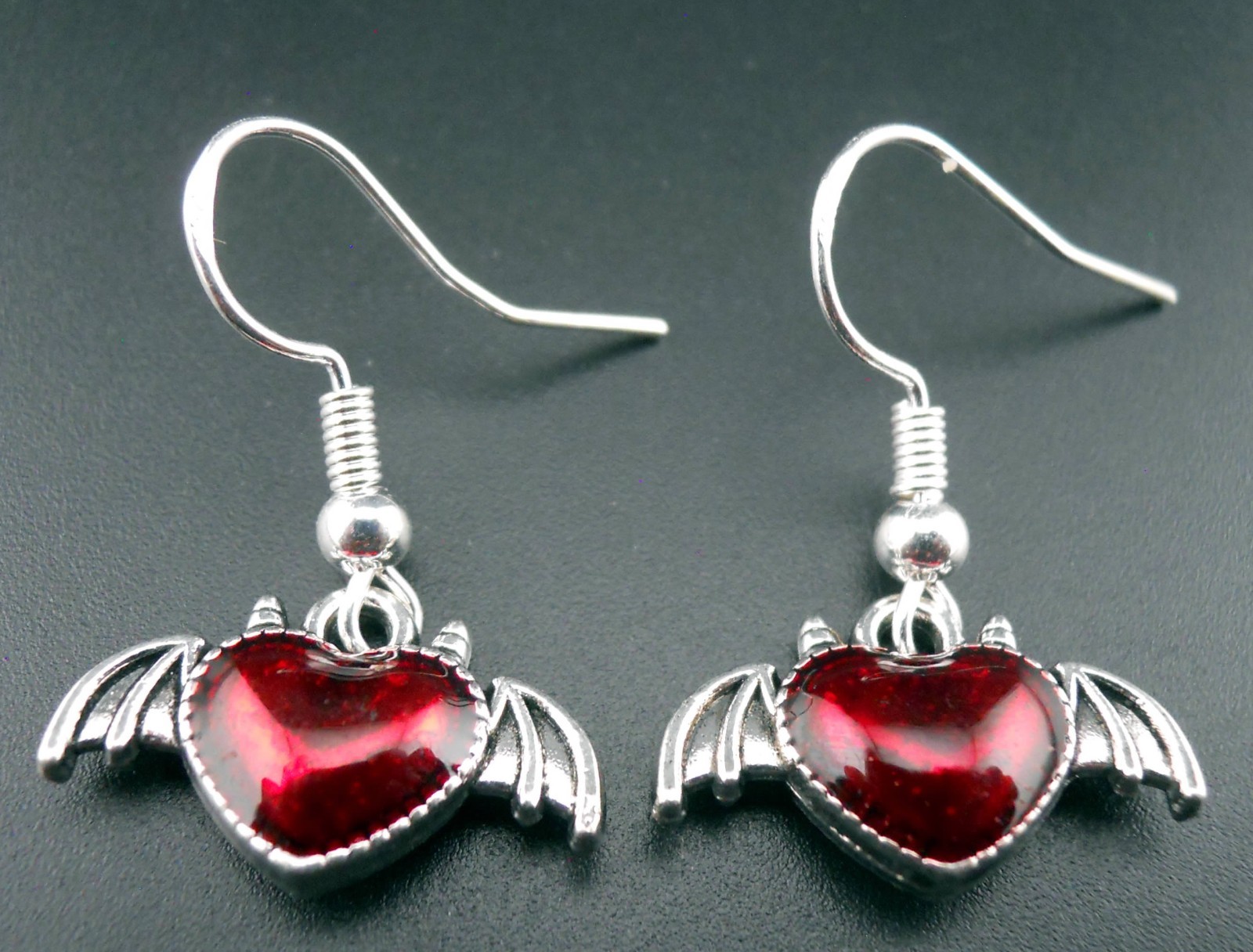 Blood Red Heart Earrings Sterling Silver Ear Wires Goth Bat Wings Devil Hearts
