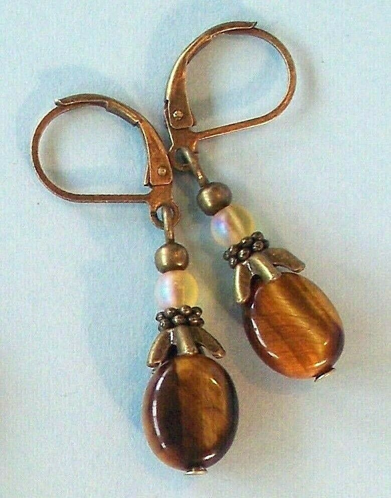 TIGER EYE oval frosted Crystal earring BRONZE handcrafted LEVERBACK XGE