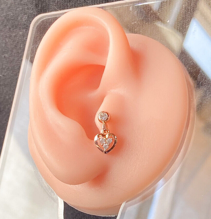 1pc CZ Gem Heart Dangle Tragus Helix Cartilage Barbell Ring 16g 1/4″