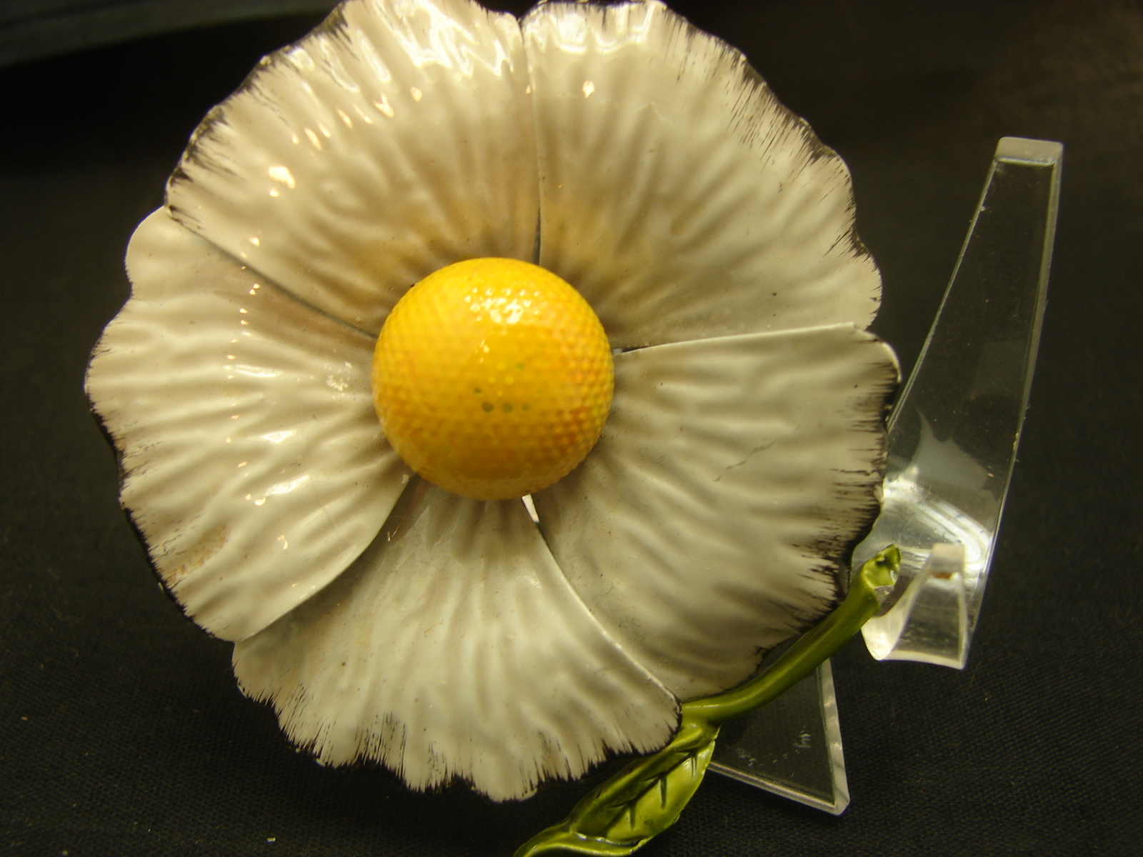 Vintage Gray & Yellow Black Trim Enamel Metal Flower Pin
