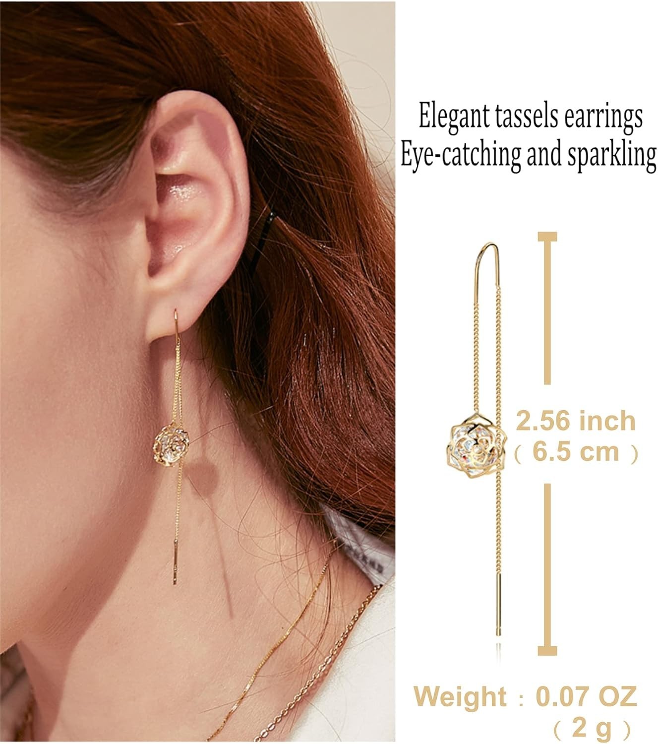 Aretes Largos de Cadena Flor Rosa Oro 14K para Mujer o Dama de Honor