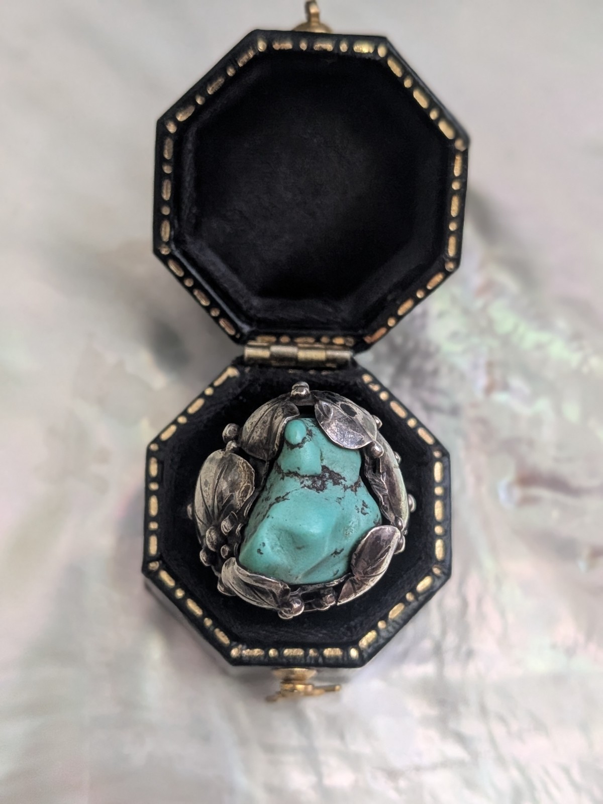 Vintage Mary Gage Turquoise & Sterling Ring- Lily Pad Motif