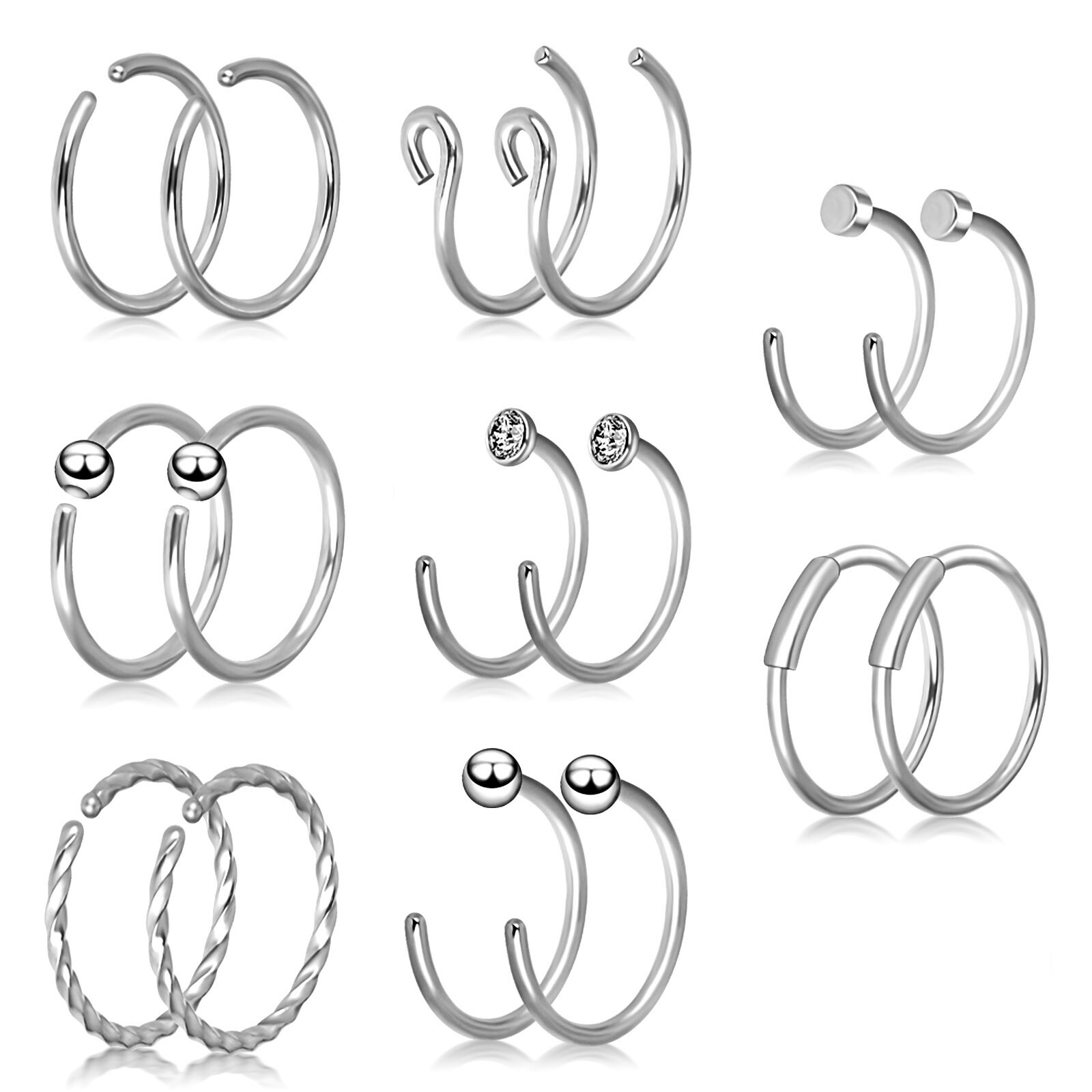 2-32PCS Surgical Steel Nose Rings Hoop Studs Cartilage Earring Body Piercing 20G