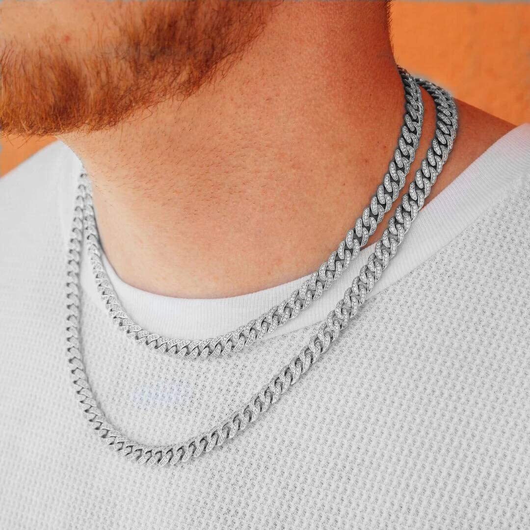 Men’s White Gold Plated Stainless Steel CZ Miami Cuban Link Chain Necklace 8mm