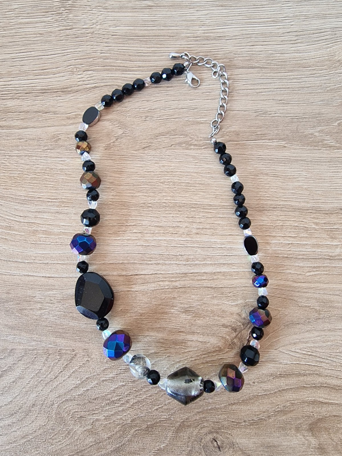 1970s Vintage Black Blue Silver Metal and Plastic Necklace