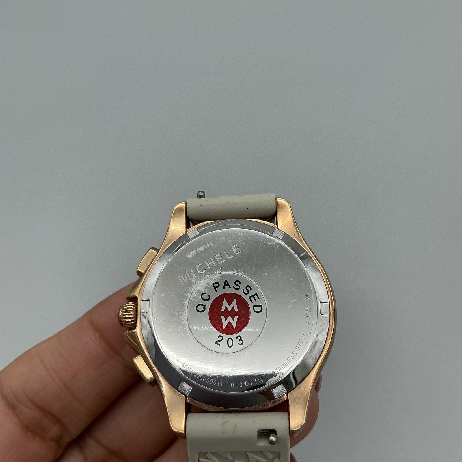 Michele Womens Watch 36mm Rose Gold Tone Chronograph Silver Tone New Battery