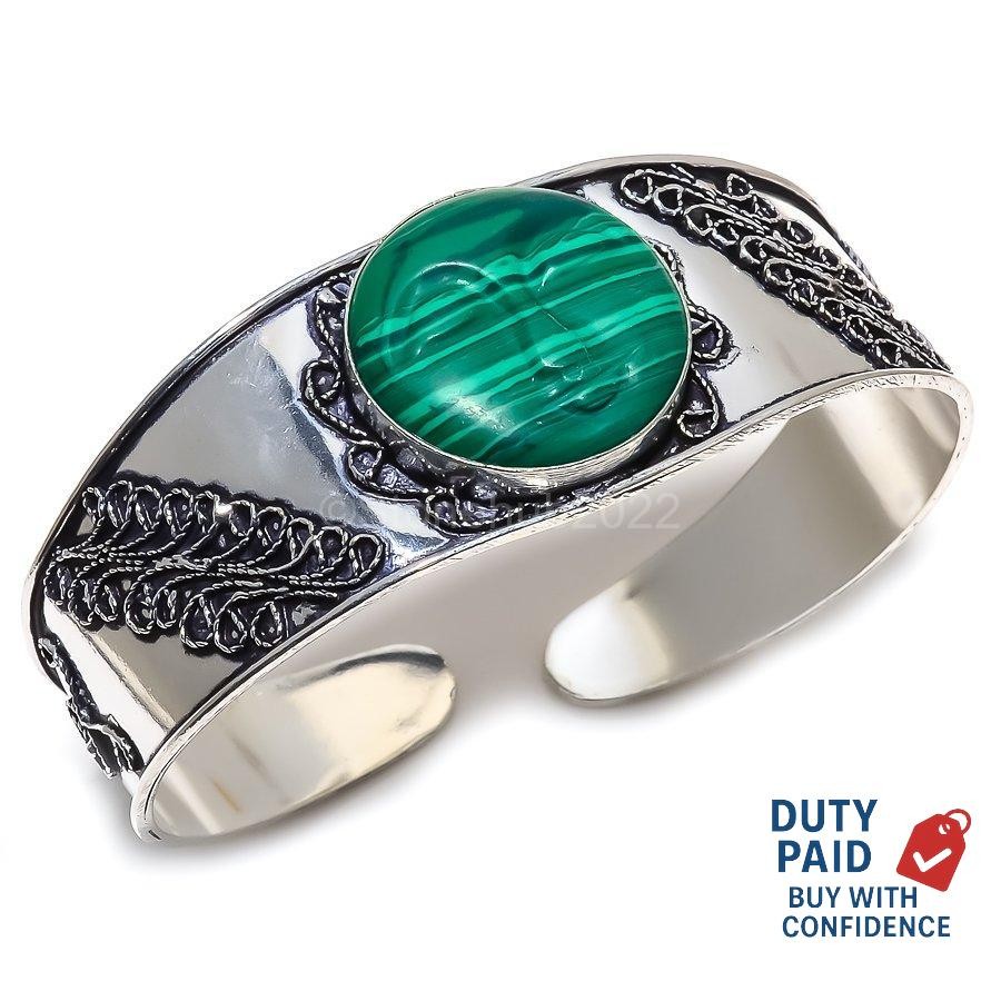 Sterling Silver Natural malachite praying face Art Deco Ethnic New Cuff Bracelet