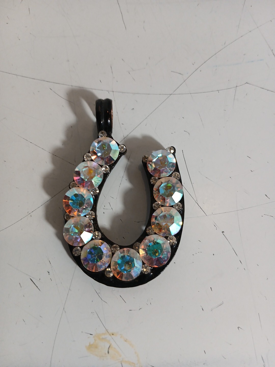 Lucky Horseshoe Pendant Clear Glass AB Rhinestones Large 2″ with Loop for Chain