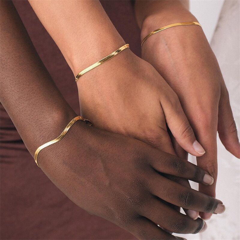 3/4/5mm Woman 14K Gold Plated Herringbone Flat Snake Chain Bracelet Bangle 7-9”