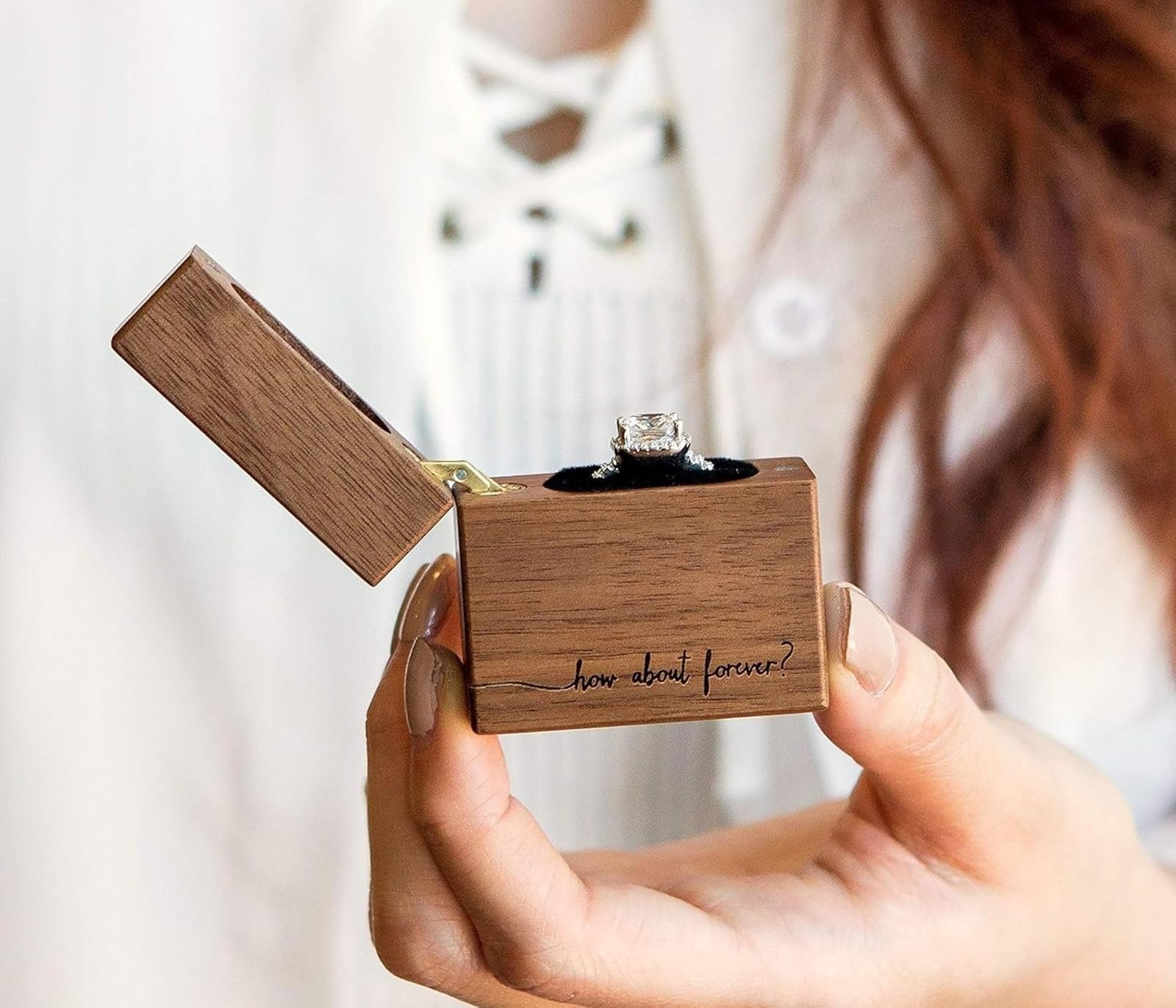 How About Forever Slim Walnut Wood Engagement Ring Box – Magnetic Pocket Wooden