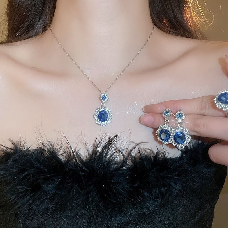 Silver Alloy 3Pcs Jewelry Set Blue Zirconia Halo Necklace Drop Earrings Ring