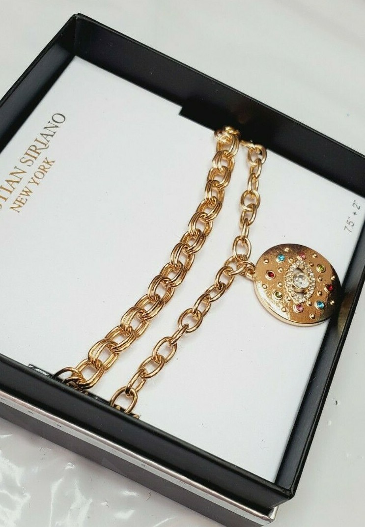 Christian Siriano New York Double Link Gold Bracelet W Rhinestone 7.5 Inches Eye