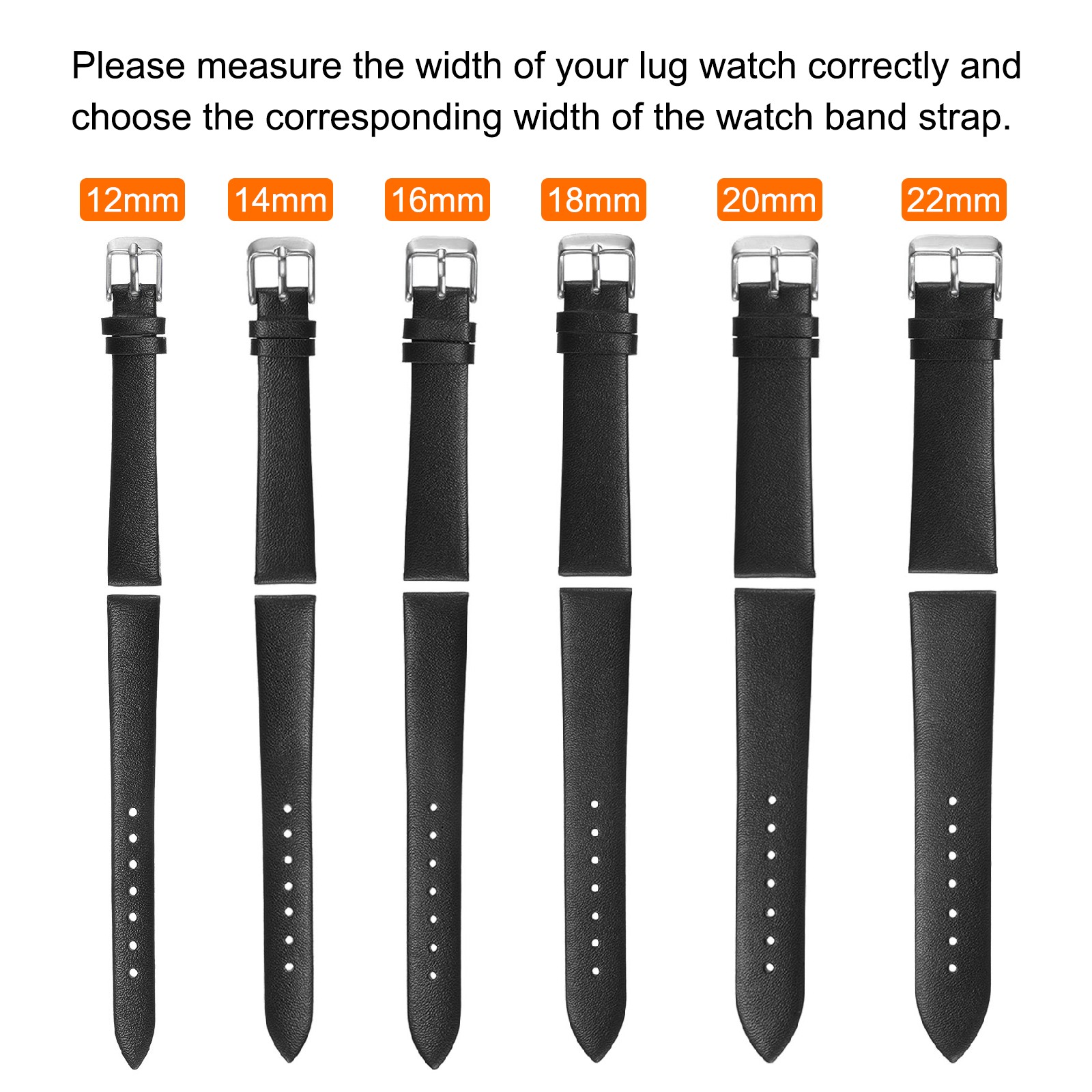 14mm Black Genuine Leather Watch Bands with Silver Buckle for Women