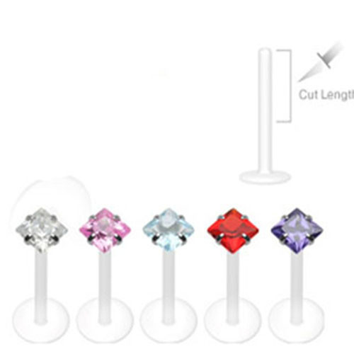 1 – Bio-Flex Shaft with Push-in Silver Princess CZ Labret Chin Lip 16 Gauge L24