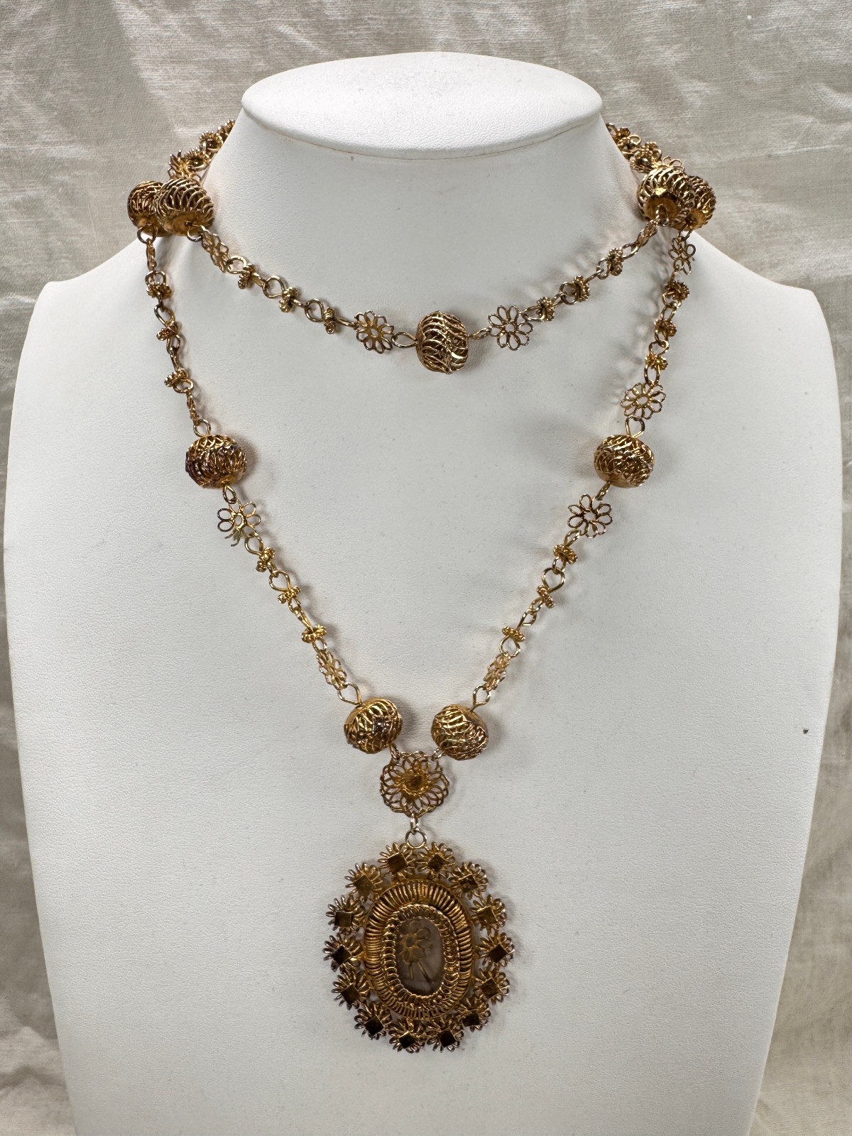 Philippines Tambourine Reliquary Gilt Copper Filigree Pendant Necklace Rosary