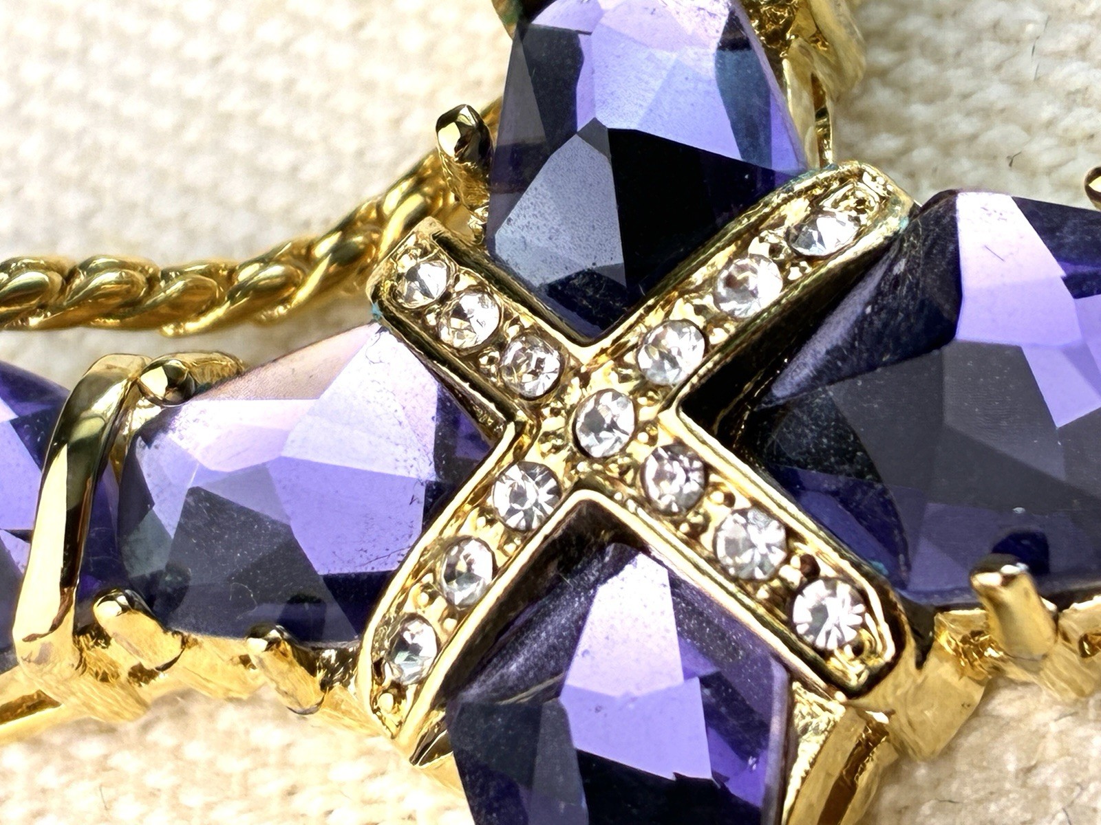 Real Collectibles Adrienne Amethyst Crystal Cross Necklace Gold HSN Box & Card