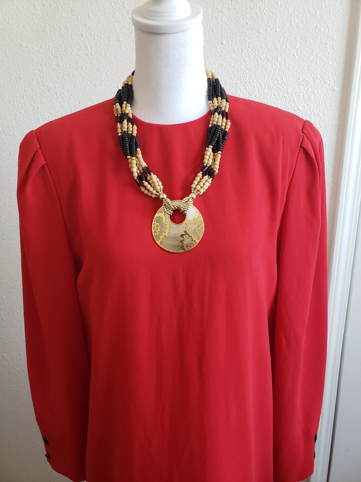 Boho Necklace Wood Plastic Metal Bead Pearl Round Pendant Made In Philippines .