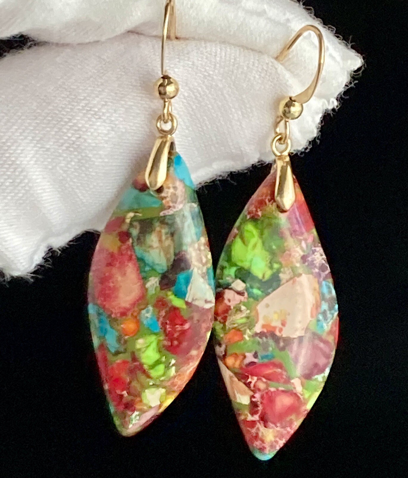 Jasper Stone Natural Imperial Leaf Dangle Drop Multicolor Earrings 7.71g Ladies