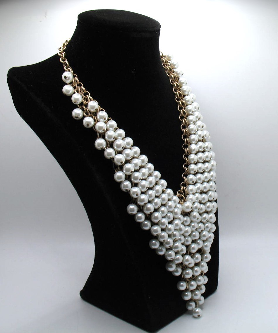Vintage RJ Graziano statement bib necklace Goldtone chainmail and faux pearls