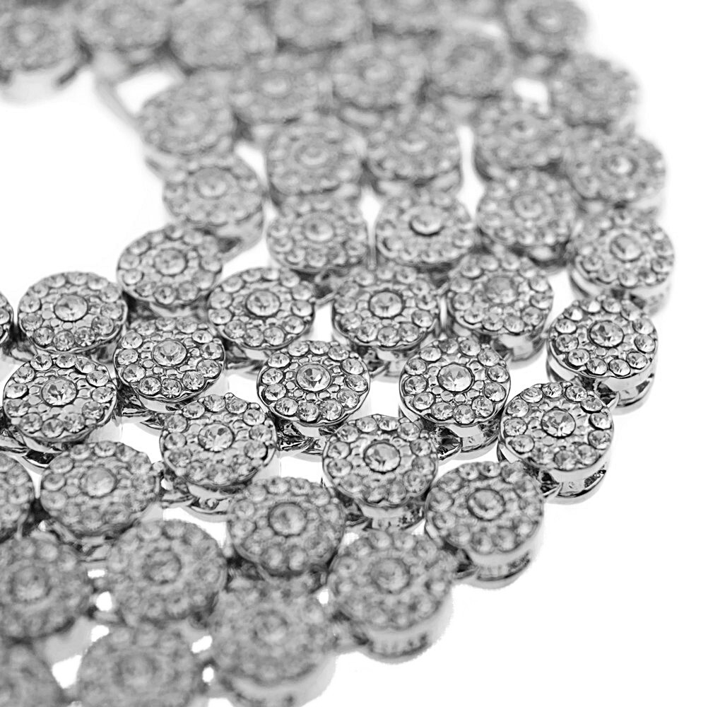 Men’s Flower Cluster Chain Simulated CZ Iced Flooded Out One Row Silver Tone 36″