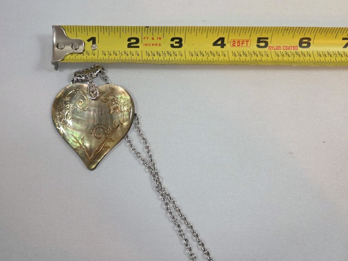 Abalone Shell Large Heart Gold Gilded Swirl Flowers Statement Pendant Necklace