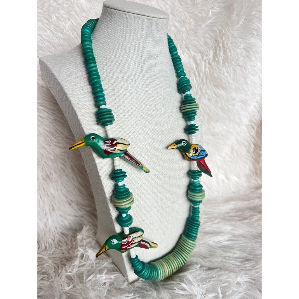 Vintage Bird Necklace Wood Green Colorful Tropical Resortwear Whimiscal Artsy