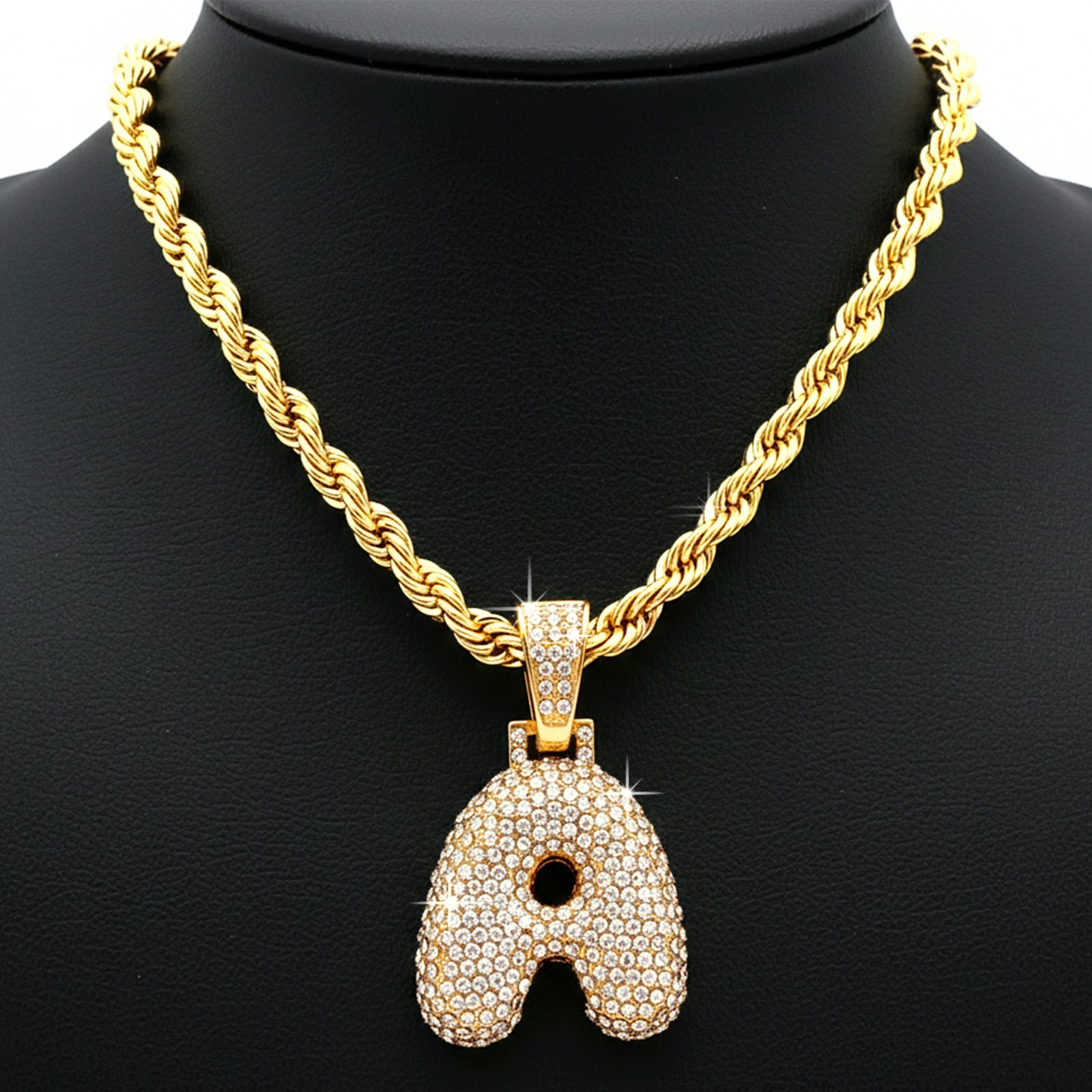 14K Rope Chain 4mm 20″, 24″ & 30″In | Alphabet Bubble Letter Initial Gold Plated