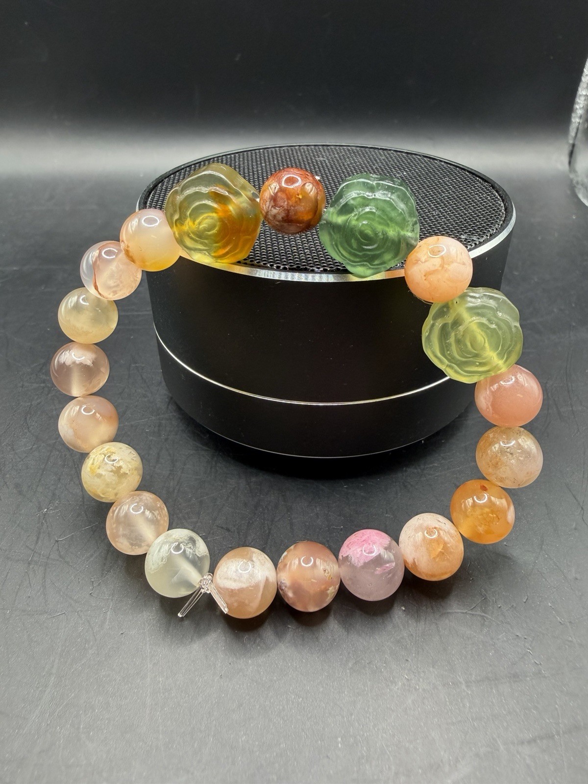 Pink Flower Agate Beaded Bracelet, Featuring a Xiuyan Jade Flower-Shaped Charm