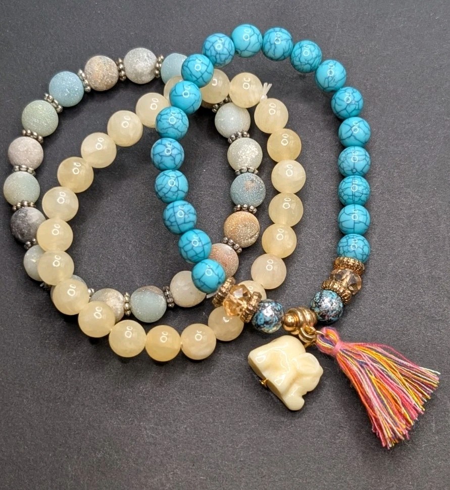 Women’s Elephant Charm Mixed Beaded Stretch Bracelet (16cm) 6″ S Wrist Set