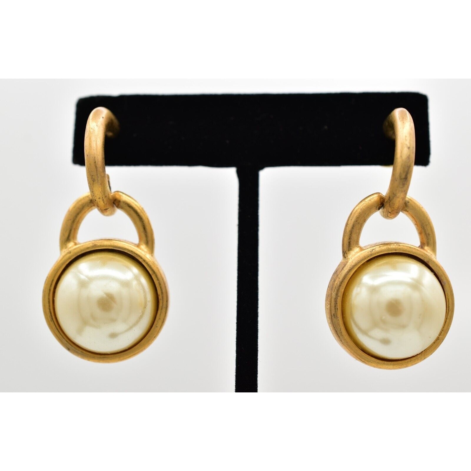 Vintage Pearl Drop Earrings Dangle Brushed Gold Matte Post Chunky NOS 1980s A23