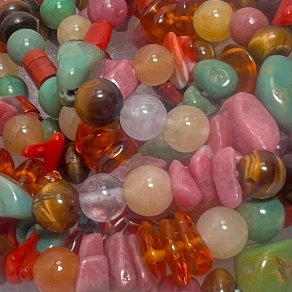 Vintage Sterling Semi Precious Gem Necklace 3 Strand Polished Natural Beads