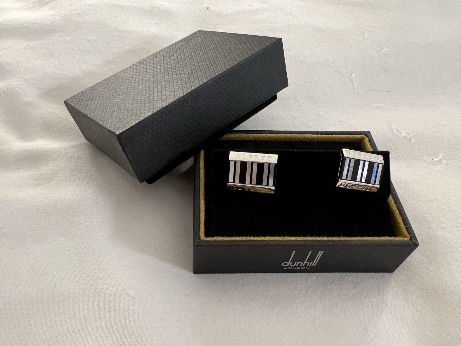 Dunhill Silver Cufflinks with Black Onyx and Mother of Pearl – New in Box