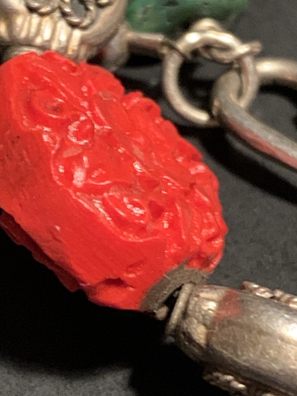 Turquoise & Carved Coral or Red Colored Bead Bracelet