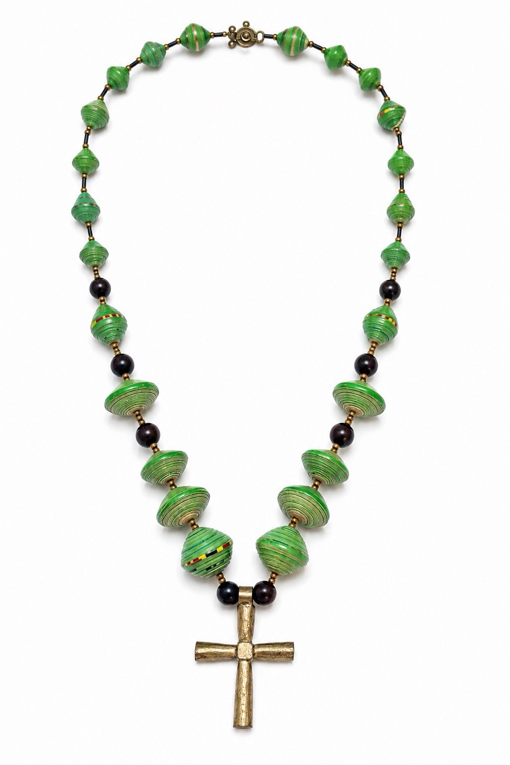 Signed Teng Yue Handmade Green Rolled Paper Bead Cross Necklace Boho Artisan