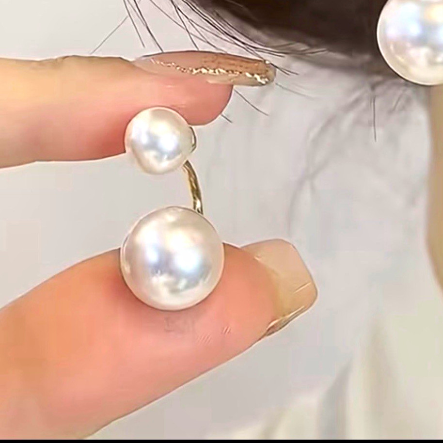 Gold Tone Double White Imitation Pearl Front Back Drop Stud Earrings 3cm