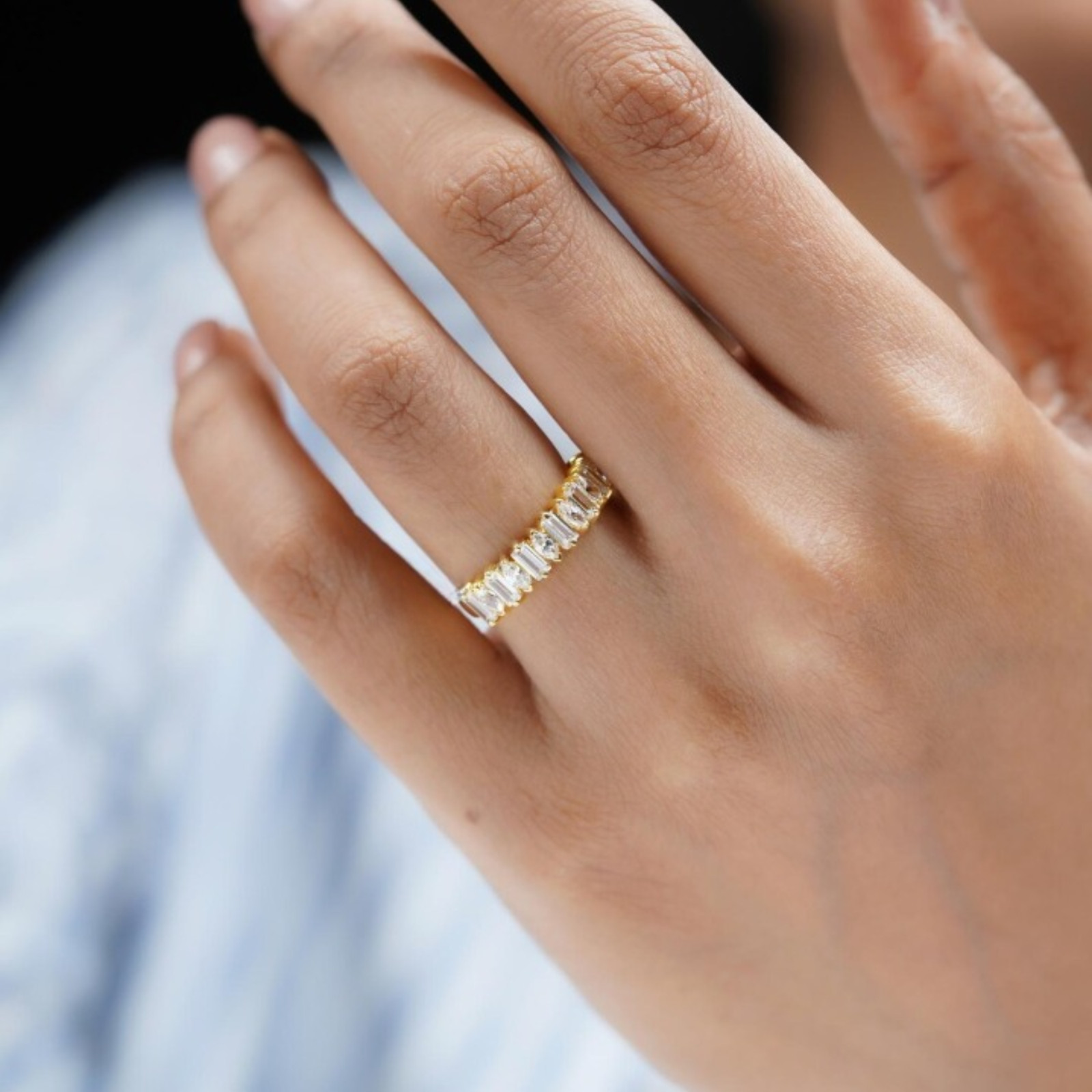 Solid 14k Yellow Gold 2.50mm Baguette & Marquise Lab Grown Diamond Wedding Band
